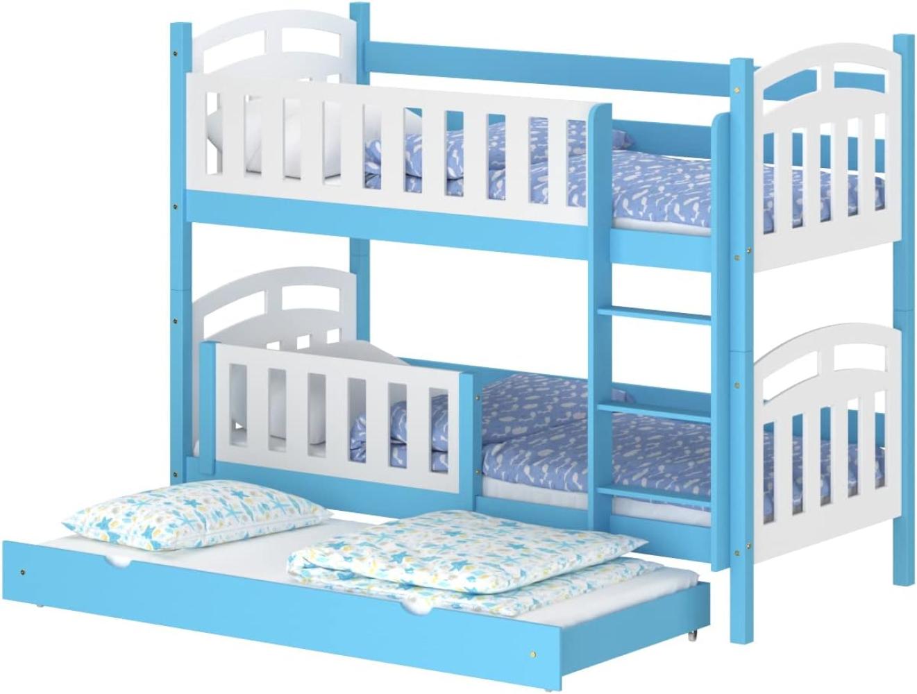 WNM Group Kinderbett Ausziehbar mit Rausfallschutz Suzie - aus Massivholz - Hochbett für Mädchen und Jungen - Absturzsicherung Ausziehbett - Kinderhochbetten 160x80 / 150x80 cm - Blau Bild 1