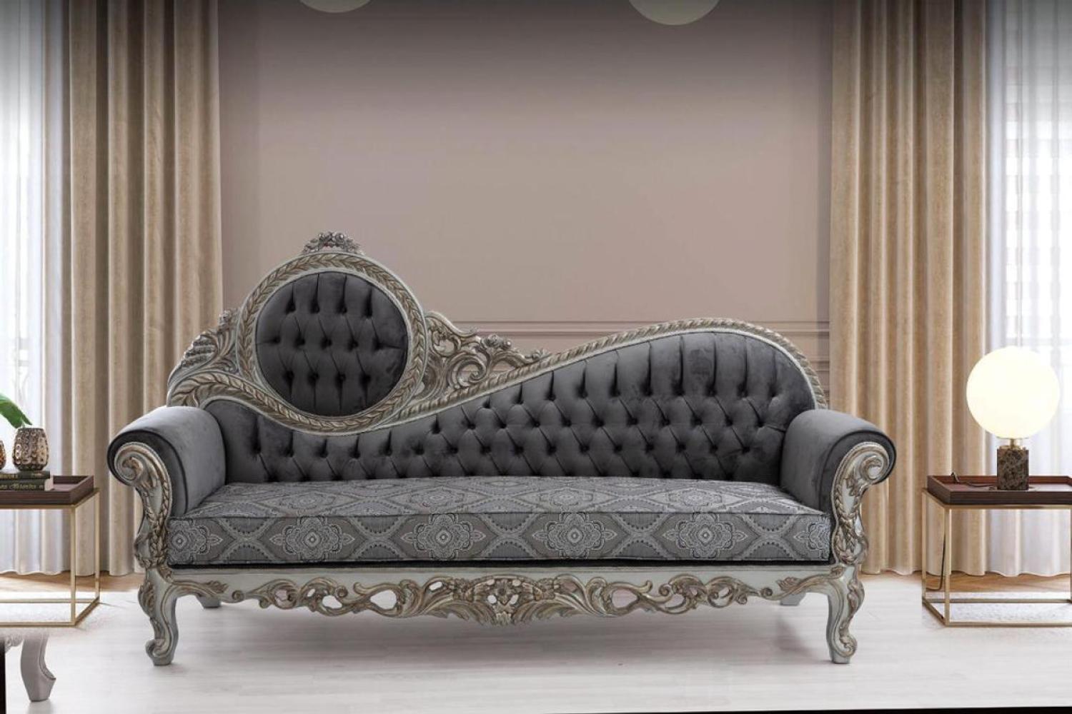 Casa Padrino Luxus Barock Sofa Grau / Blau / Silber / Bronze 230 x 90 x H. 135 cm - Prunkvolles Massivholz Wohnzimmer Sofa mit elegantem Muster und dekorativen Kissen - Barock Wohnzimmer Möbel Bild 1