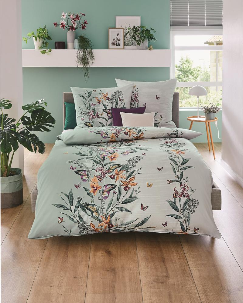 kaeppel Mako-Satin Bettwäsche 155x220 Chloe mint Wende Blumenranke 236-653 Bild 1