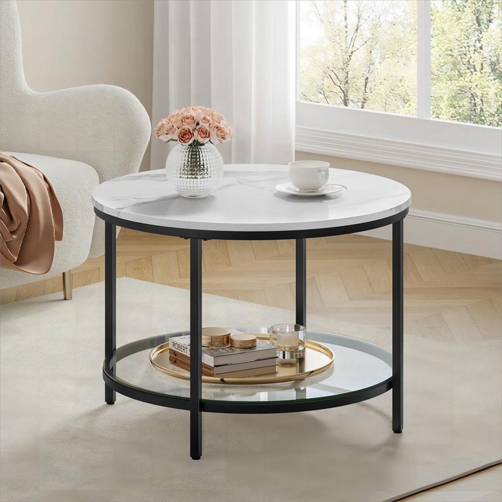Vasagle Couchtisch mit Glasplatte, Holz / Stahl, Marmorweiß-Tintenschwarz, Ø 65x46 cm Bild 1