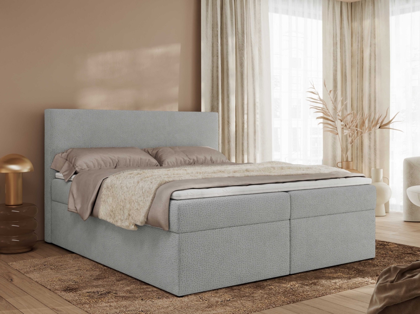 Boxspringbett mit Multipocket-Matratze und Topper, Doppelbett, Struktur dekostoff, Polsterbett mit Bettkästen - JAGUAR - 200 x 200 cm - Hellgrau Struktur - H4 Bild 1