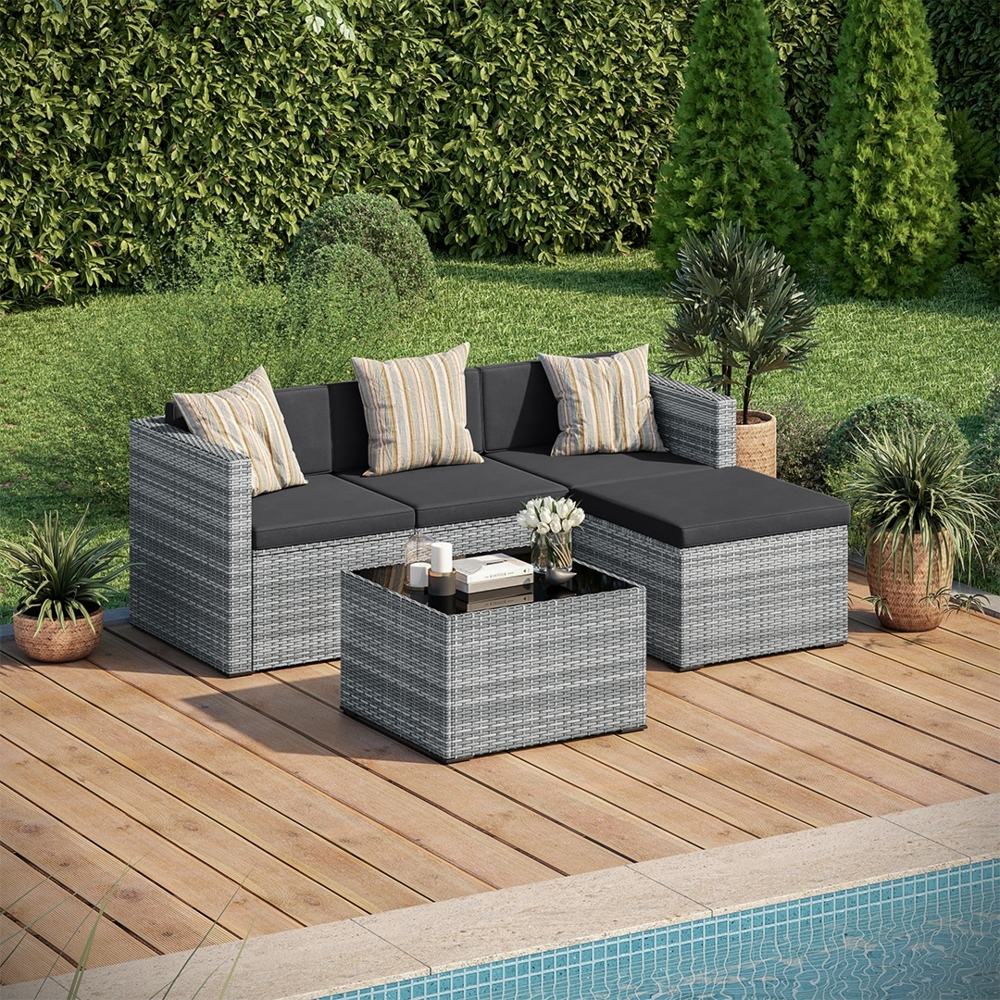 STEELSØN 'Zethora' Polyrattan 3-tlg. Gartenlounge, Sitzgruppe aus Sofa, Hocker und Tisch, grau-meliert/anthrazit, wetterfest, für 4 Personen Bild 1