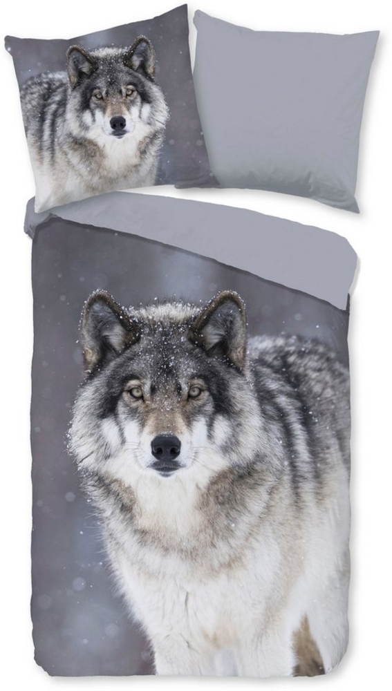 good morning Wendebettwäsche Wolfie, Biber, Flanell, 2 teilig, Flanell, Biber, Winter, Warm, Reißverschluss, Wendeoptik, Wolf, Grau Bild 1