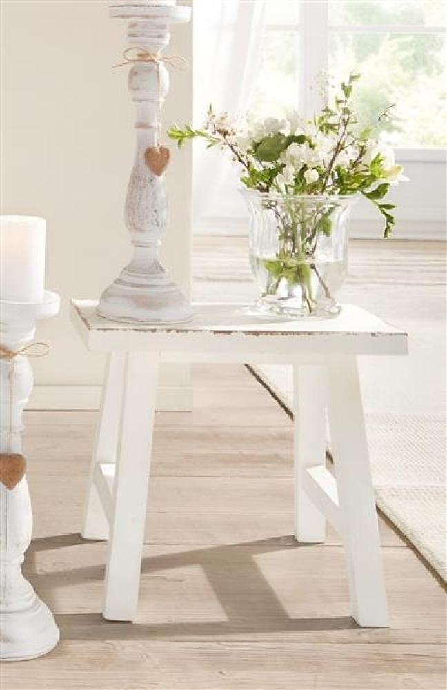 Blumenhocker aus Massivholz, creme, im Shabby Look, Sitzhocker, Dekohocker, Holzhocker Bild 1