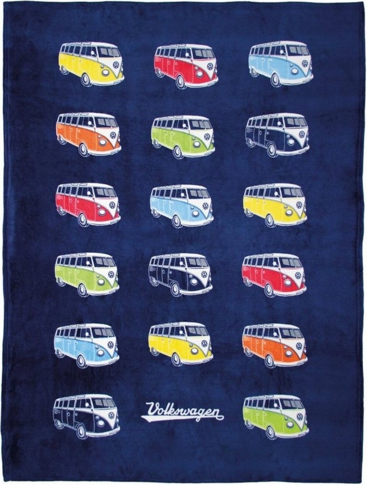 BRISA VW Collection - Weiche Volkswagen Kuschel-Fleece-Schmuse-Decke im T1 Bulli Bus Design (150x200cm/Bulli Parade/Bunt) Bild 1