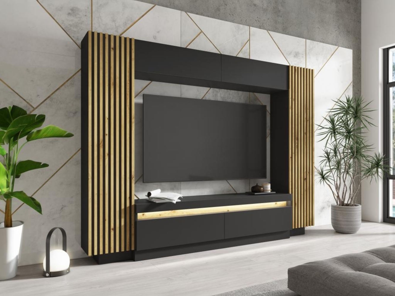 Vente-unique - TV-Wand mit Stauraum - LEDs - Schwarz & Holzfarben - LIONEA Bild 1