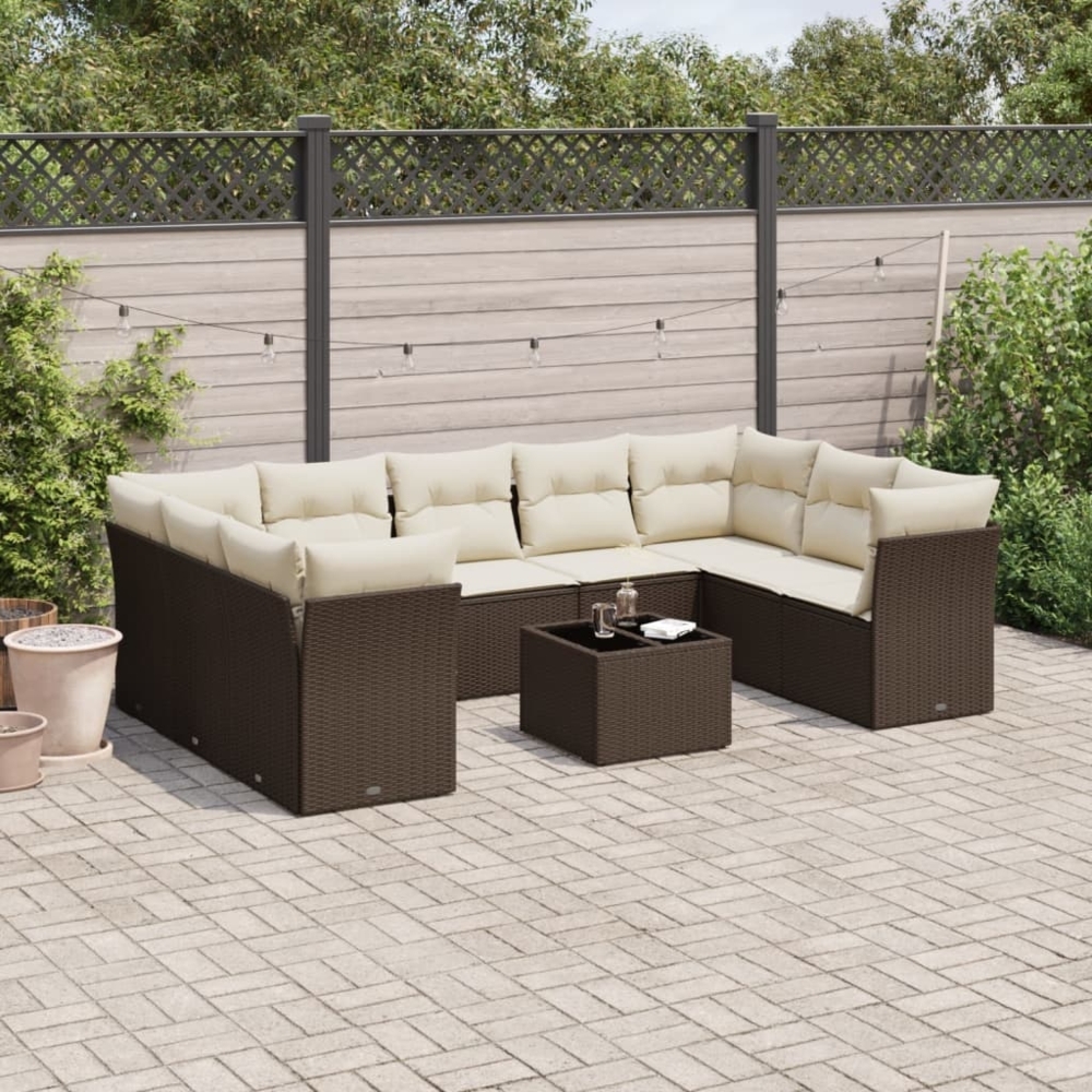 vidaXL 10-tlg. Garten-Sofagarnitur mit Kissen Braun Poly Rattan 3218143 Bild 1