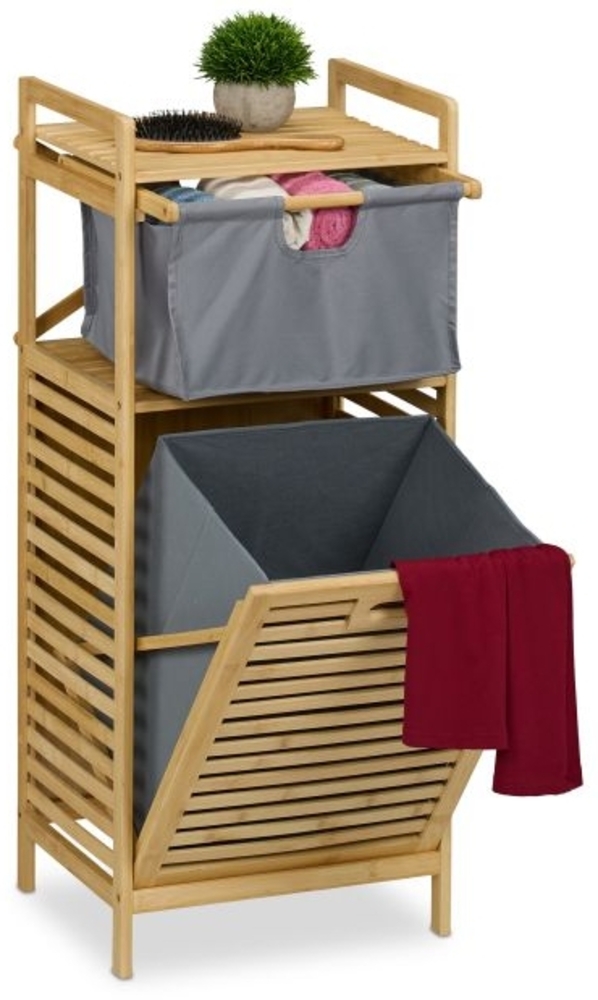 Badregal mit Wäschekorb Bambus, Natur, Grau, 1x Stoffschubladen Bild 1
