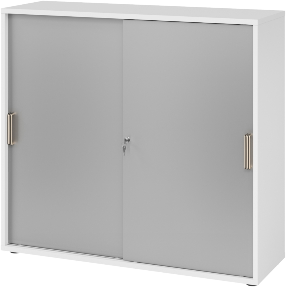 bümö Schiebetürenschrank 3OH - Aktenschrank abschließbar, Sideboard Schrank mit Schiebetüren in Weiß/Silber, Streifengriff - Büroschrank aus Holz mit Schiebetür, Büro Kommode für Ordner & Co, 1753S-W-S-SG Bild 1
