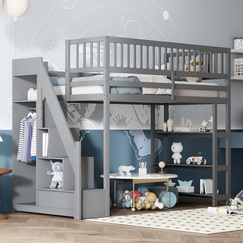 Merax Hochbett Kinderbett 90x200cm mit Kleiderschrank, Regalen und Stauraumtreppe, grau Bild 1