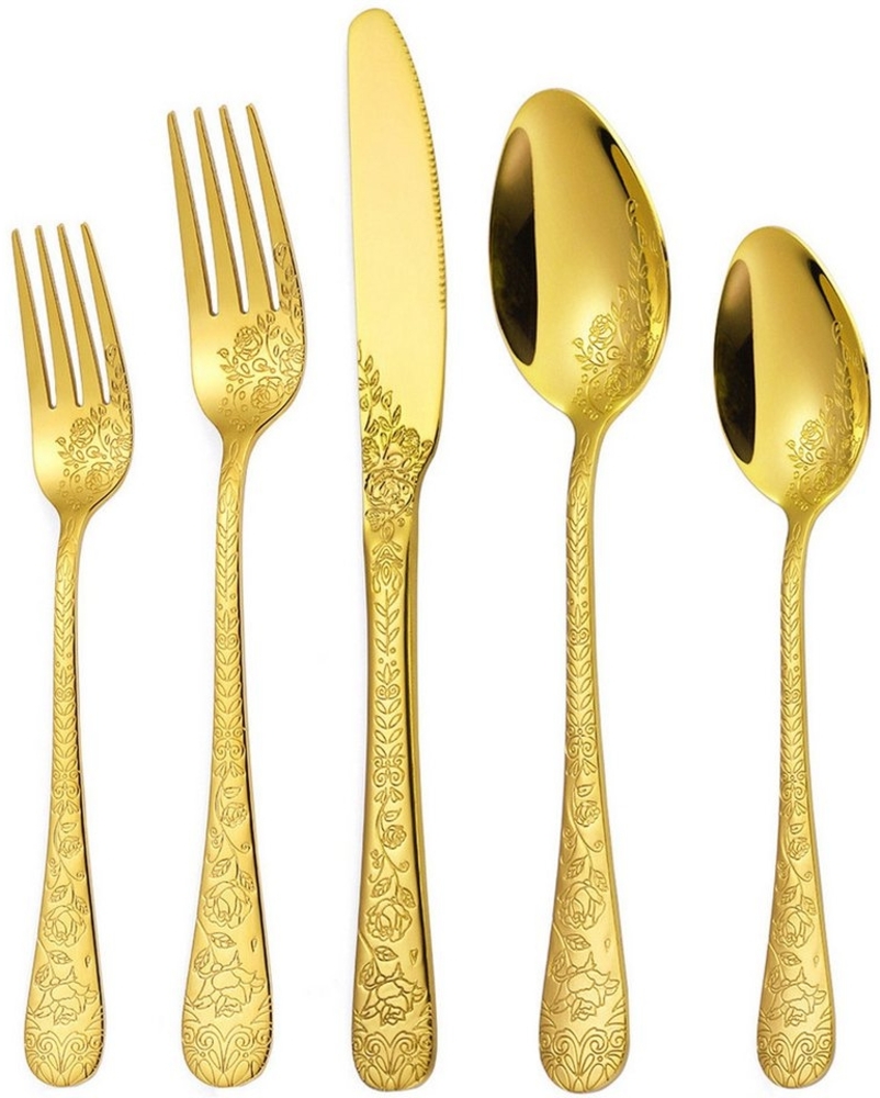 HYIEAR Besteck-Set Essbesteck-Set, Goldenes Besteck Set, Küchenbesteckset,für 6 Personen (30-tlg), 6 Personen, Edelstahl, Spiegelpoliertes Rosenblumen-Besteckset.für Küche, Restaurant, Hotel. Bild 1