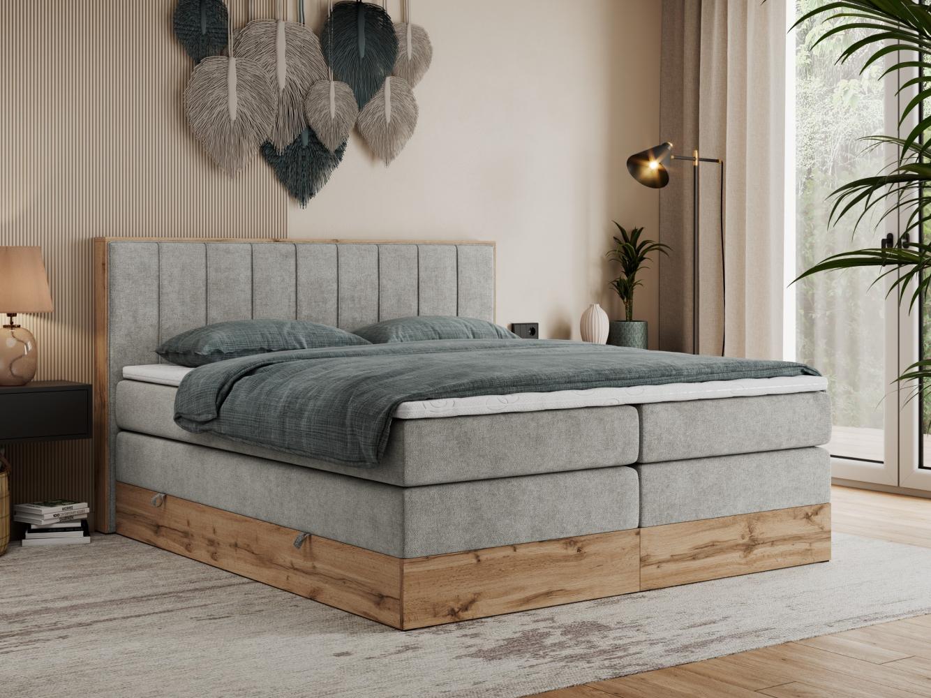 Boxspringbett BELLISSIMO KING, Doppelbett mit Multipocket-Matratze, Polsterbett mit Kopfstütze - 140x200 cm - Hellgrau Stoff - H3 Bild 1