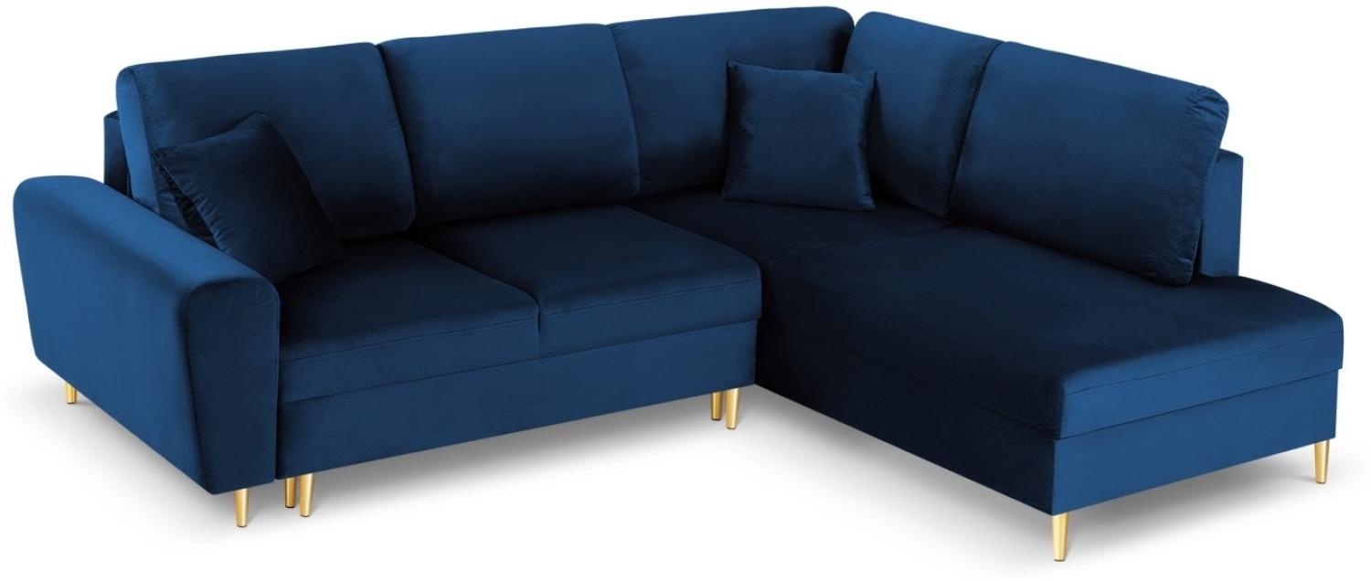 Micadoni 5-Sitzer Samtstoff Ecke rechts Sofa mit Bettfunktion und Box Moghan | Bezug Royal Blue | Beinfarbe Gold Metal Bild 1