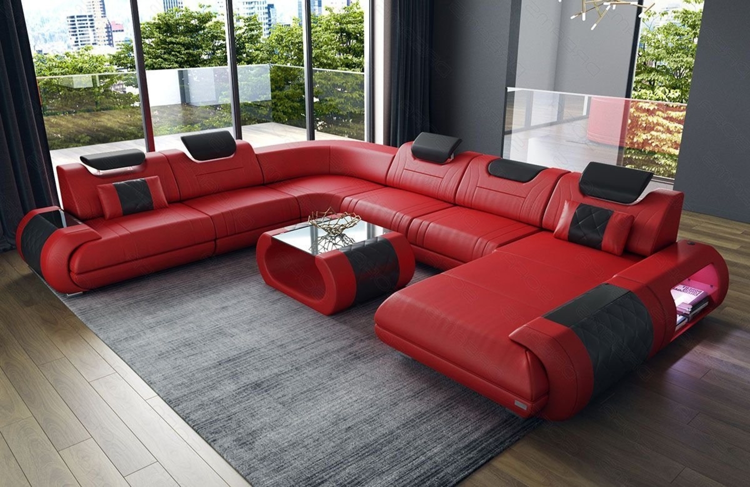 Sofa Dreams Wohnlandschaft Sofa Ledercouch Leder Rimini XXL U Form Ledersofa, Couch, mit LED, wahlweise mit Bettfunktion als Schlafsofa, Designersofa Bild 1