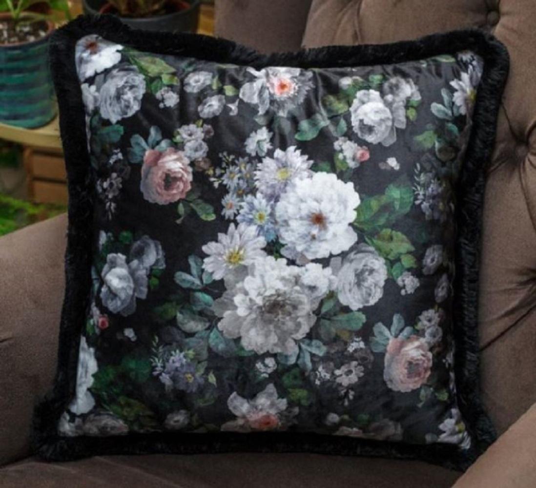 Casa Padrino Luxus Deko Kissen Blumen Design Schwarz / Mehrfarbig 45 x 45 cm - Bedrucktes Samt Kissen mit Fransen - Deko Accessoires Bild 1