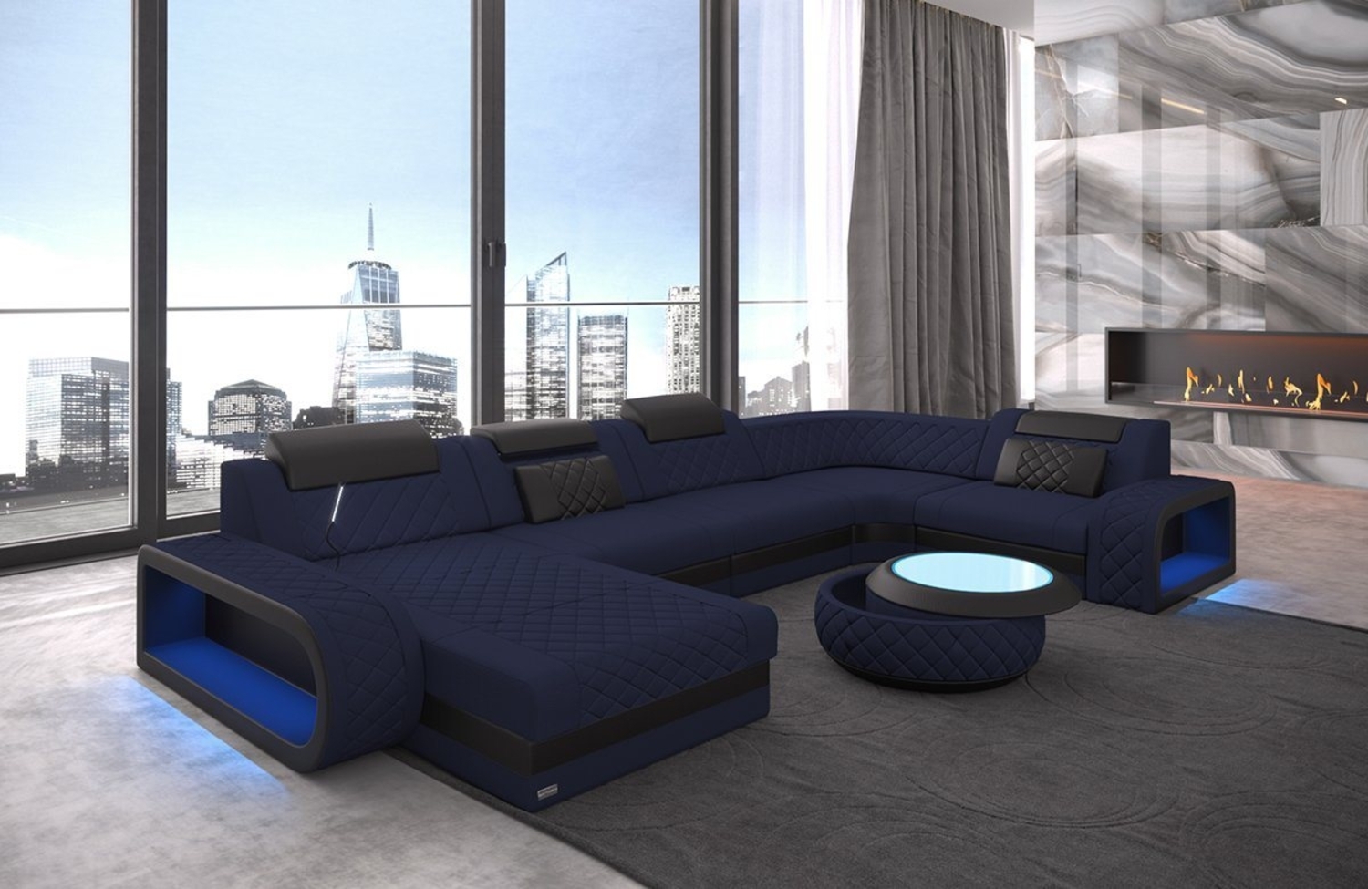 Sofa Dreams Wohnlandschaft Berlin U Form Stoff, 6-Sitzer Ottomane Kopfstützen opt. mit Schlaffunktion LED und USB Bild 1