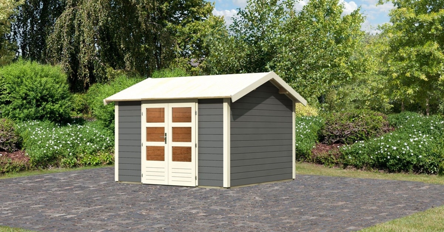 Gartenhaus Theres 7 - 304x304 cm, 28 mm Holz terragrau, Karibu Bild 1