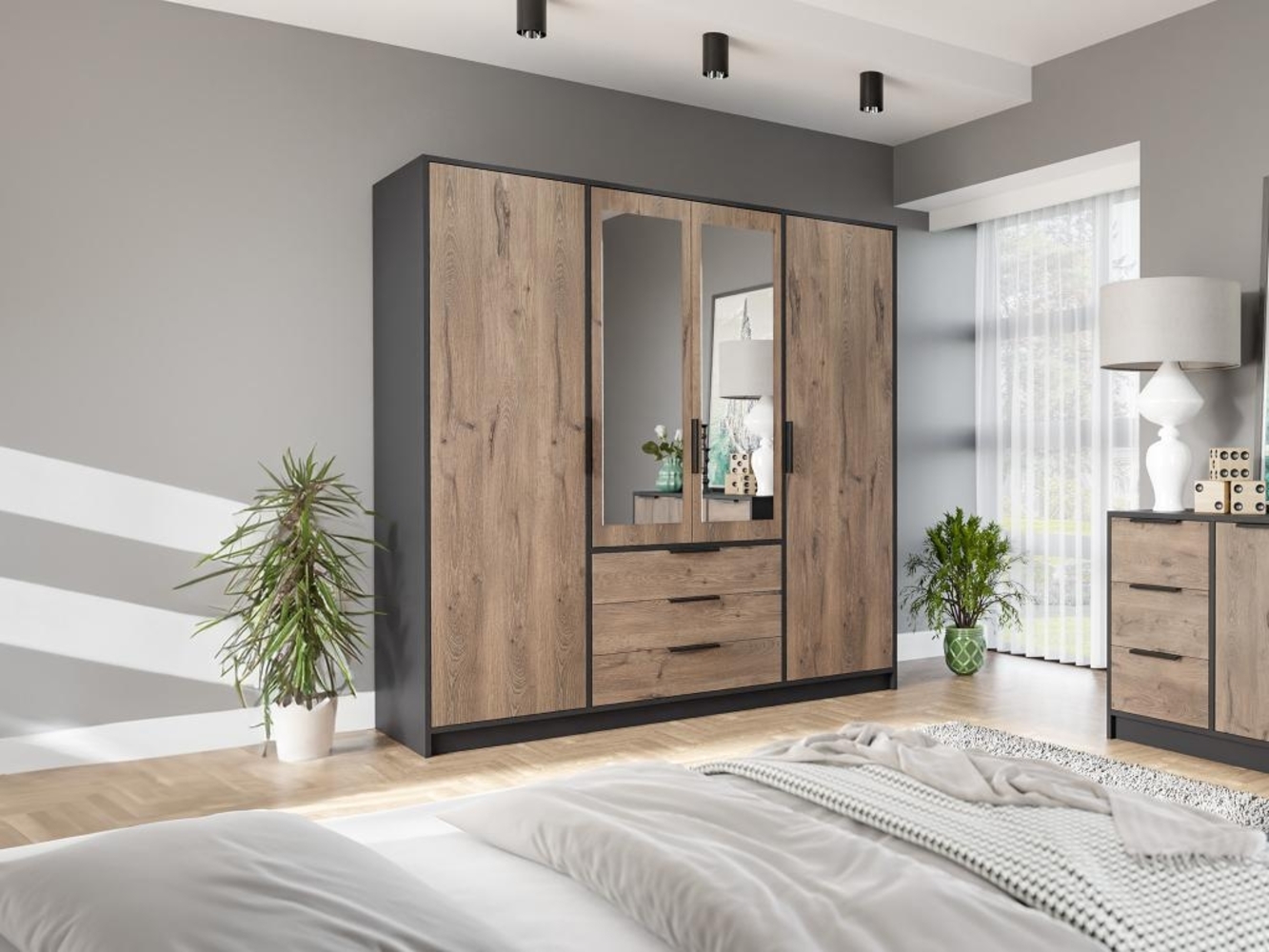 Vente-unique - Kleiderschrank mit 4 Türen & 3 Schubladen - Mit Spiegel - 196 cm - Holzfarben & Schwarz - LAMIKI Bild 1