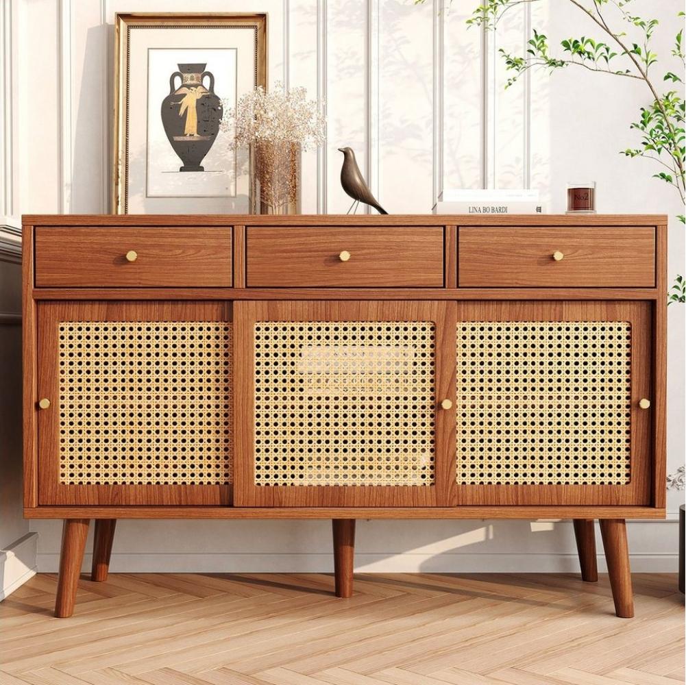 Merax Sideboard mit 3 Schubladen und 3 Schwebetüren, Rattangeflecht, Kommode mit verstellbaren Einlegböden,Anrichte,B/H/T: 120/40/78cm Bild 1