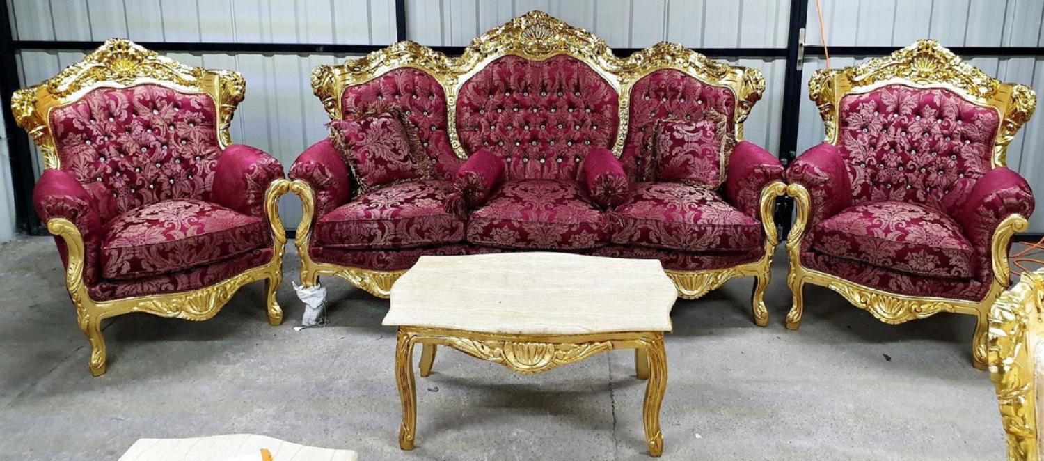 Casa Padrino Barock Wohnzimmer Set Bordeauxrot / Gold - 1 Barock Sofa & 2 Barock Sessel - Wohnzimmer Möbel im Barockstil - Barock Möbel - Barock Wohnzimmer Einrichtung Bild 1