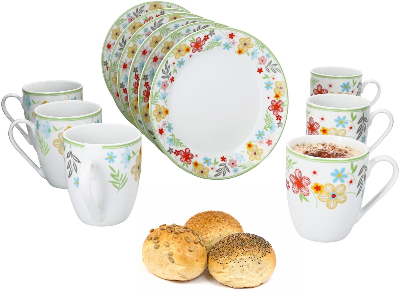 12tlg Frühstücksset Variant Blümchen Porzellan 6 Personen Teller klein Kaffeebecher Bild 1