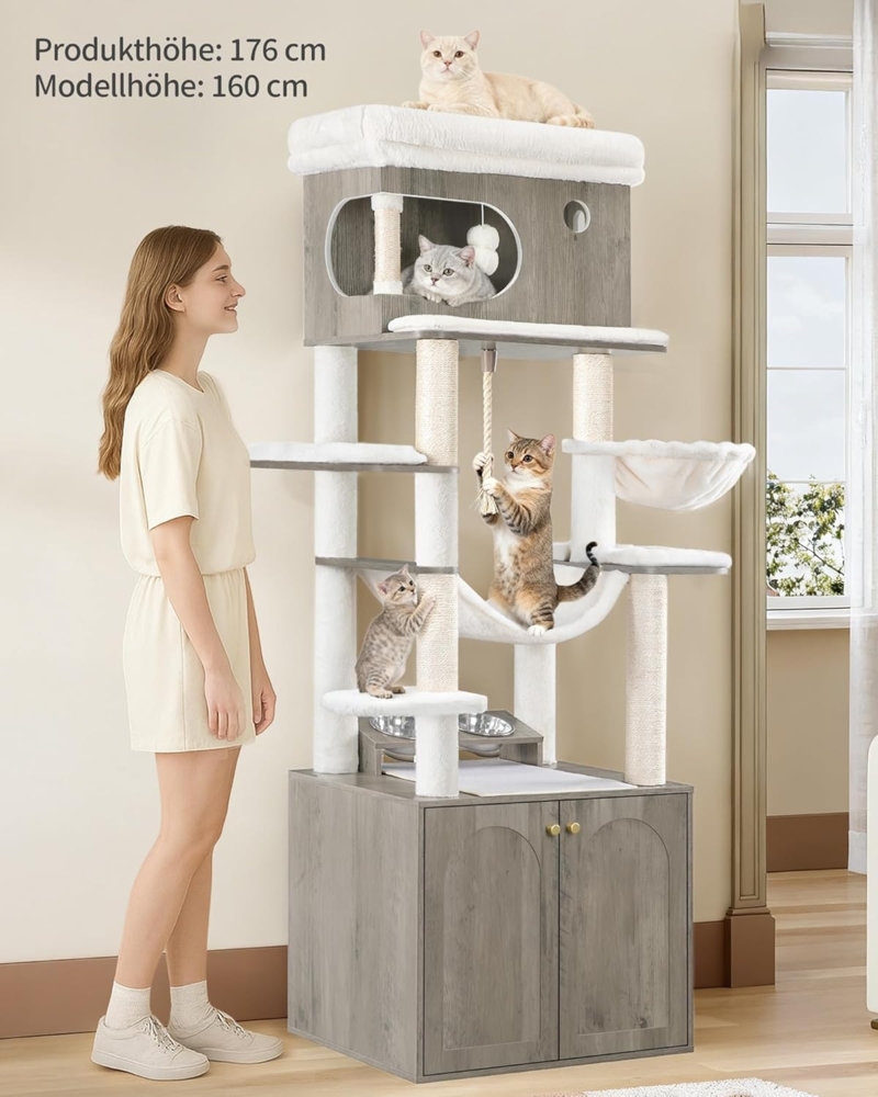 Kratzbaum, Katzenbaum mit Katzenklo Schrank, Futterstation, 176 cm Hoch, mit großer Plattform, Sisalseil, Hängematte, Waschbares Kissen, Plüschbälle, Greige Bild 1
