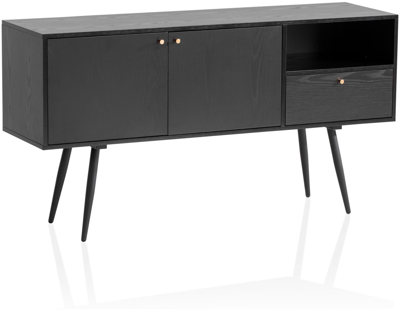 Sideboard 140x75x40 cm Kommode Schwarz mit Eiche-Dekor Zeitlos, Hoher Kommodenschrank, Standschrank Wohnzimmer mit 2 Türen und Schublade, Anrichte mit offenem Fach Bild 1