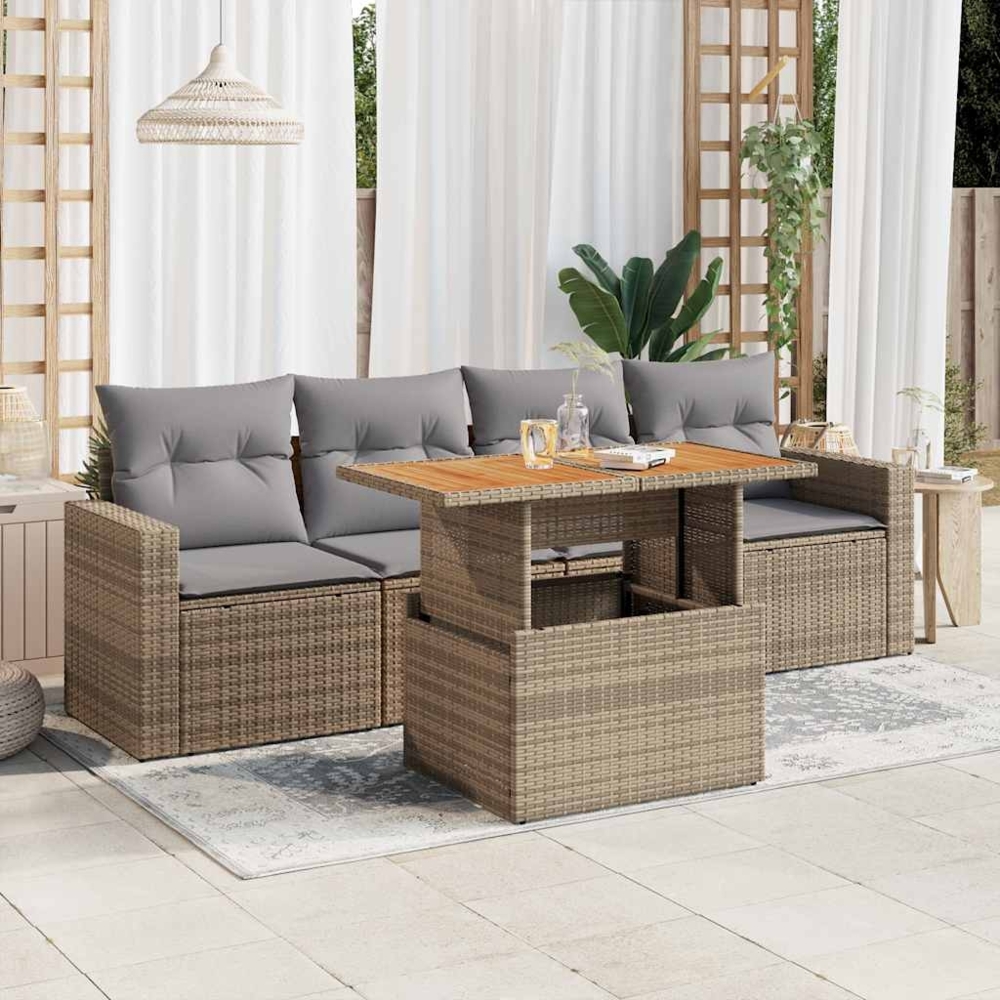 vidaXL 5-tlg. Garten-Sofagarnitur mit Kissen Beige Poly Rattan 3326985 Bild 1