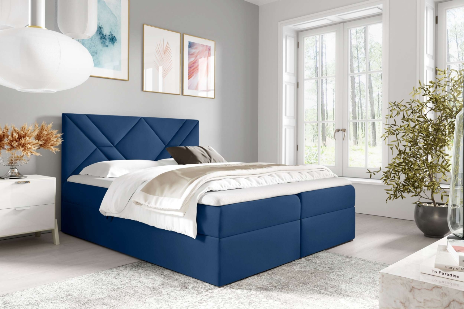 99rooms Umbro Boxspringbett 160x200 cm Velours MONOLITH Dunkelblau Bild 1