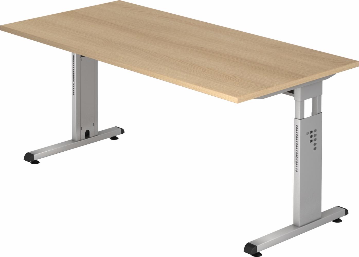 bümö höhenverstellbarer Schreibtisch O-Serie 160x80 cm in Eiche, Gestell in Silber - PC Tisch für's Büro manuell höhenverstellbar, Computertisch verstellbar, OS-16-E-S Bild 1