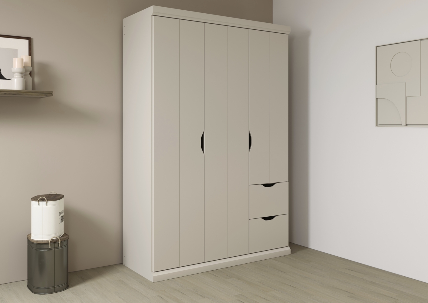 rauch Frieda, Kleiderschrank im Landhausstil, 3-türig, 2 Schubladen, mit 2 Kleiderstangen und 2 Einlegeböden, Farbe Beige, BxHxT 136x203x56cm Bild 1