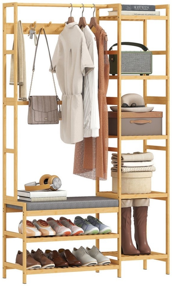 HOMCOM Garderobenständer mit Schuhregal, Kleiderhaken, Mantelständer, Sitzbank mit Kissen, (Kleiderständer, 1 St, Standgarderobe), für Wohnzimmer, Schlafzimmer, Naturholz Bild 1