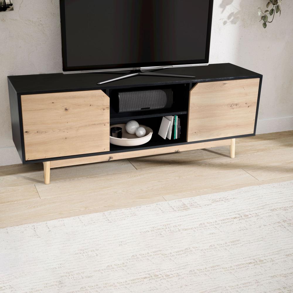 FineBuy Lowboard Schwarz Eiche-Dekor 150x55x40 cm TV-Kommode Modern, Design TV-Schrank Hoch, Fernsehtisch Fernsehschrank mit zwei Türen, Fernsehkommode Wohnzimmer Schwarz Bild 1