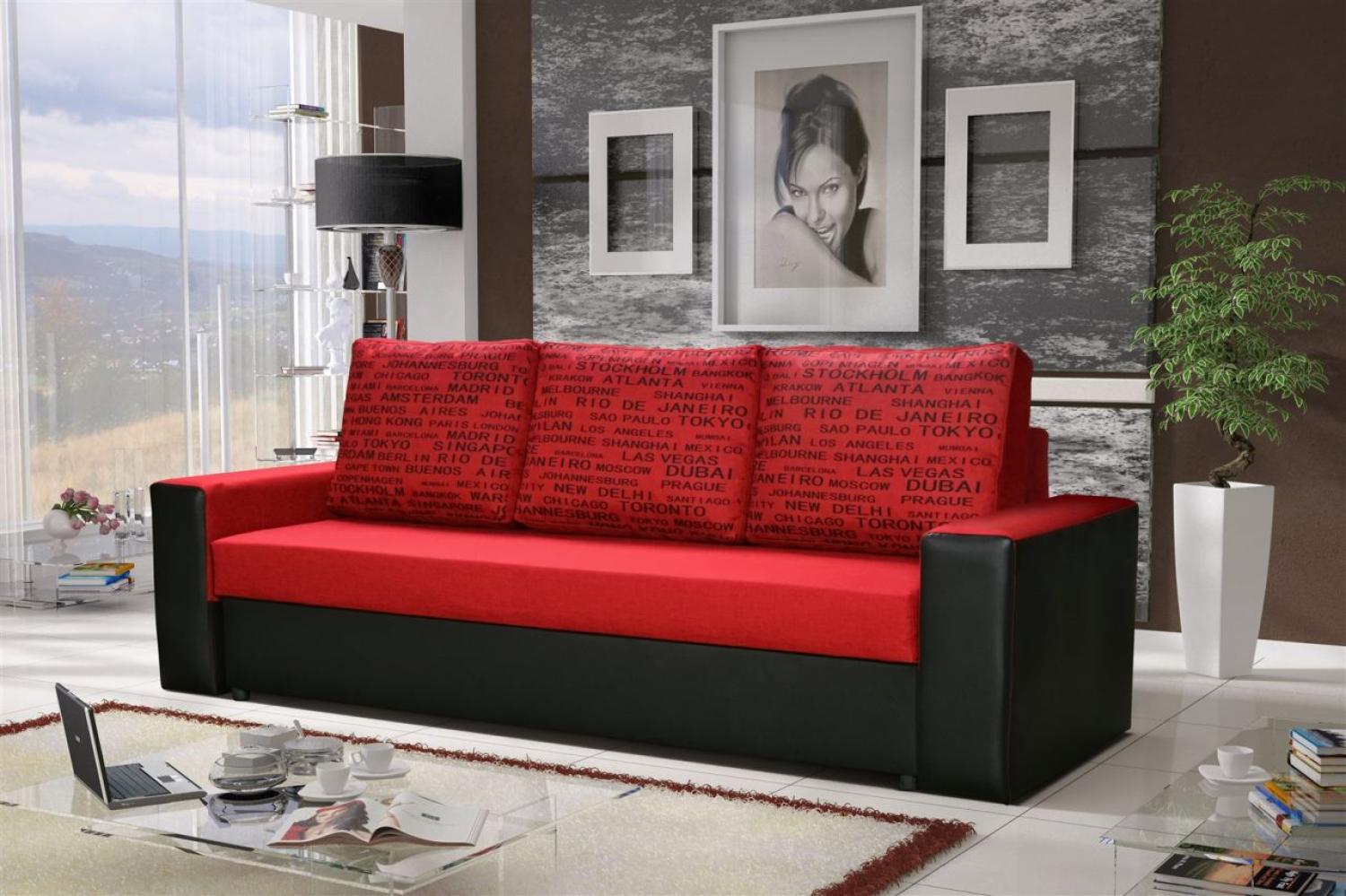 Sofa Designersofa LEEDS 3-Sitzer mit Schlaffunktion Schwarz / Rot Bild 1