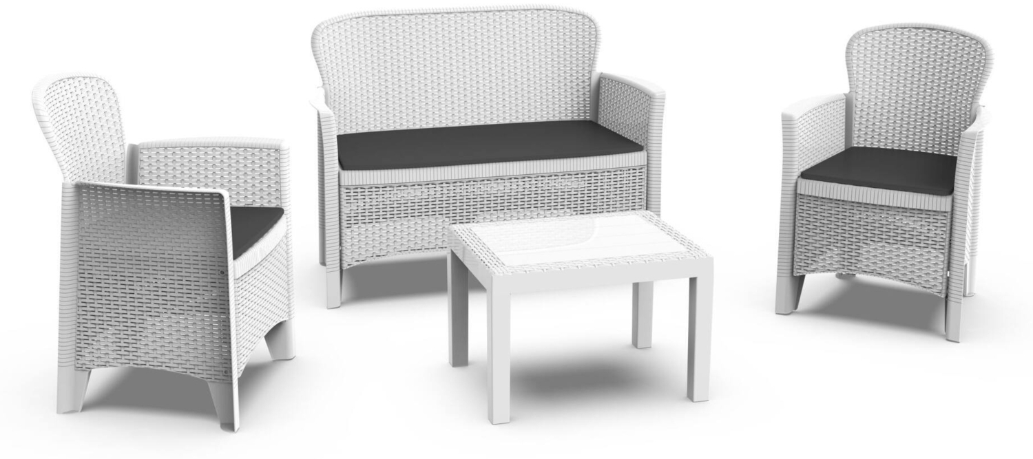 Dmora Outdoor-Lounge-Set Alesandro, Gartengarnitur mit 2 Sesseln, 1 Sofa und 1 Couchtisch, Sitzecke in Rattan-Optik mit Kissen, 100 % Made in Italy, Weiß Bild 1