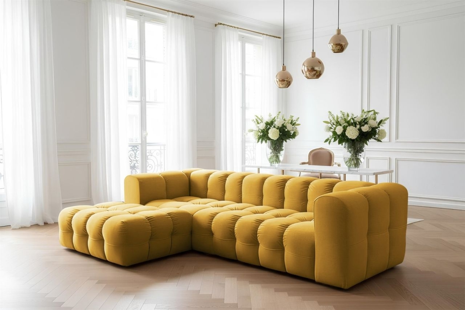 Ecksofa Designersofa SOLVIE in Stoff Tiffani Honiggelb Ottomane Links Bild 1