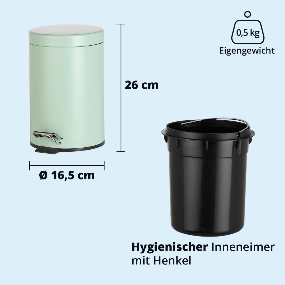 KHG Mülleimer Bad, Kosmetikeimer 3l | Abfalleimer Treteimer aus Aluminium in mattem Mintgrün | herausnehmbarer Inneneimer, ideal für Küche, Badezimmer, Büro Bild 1