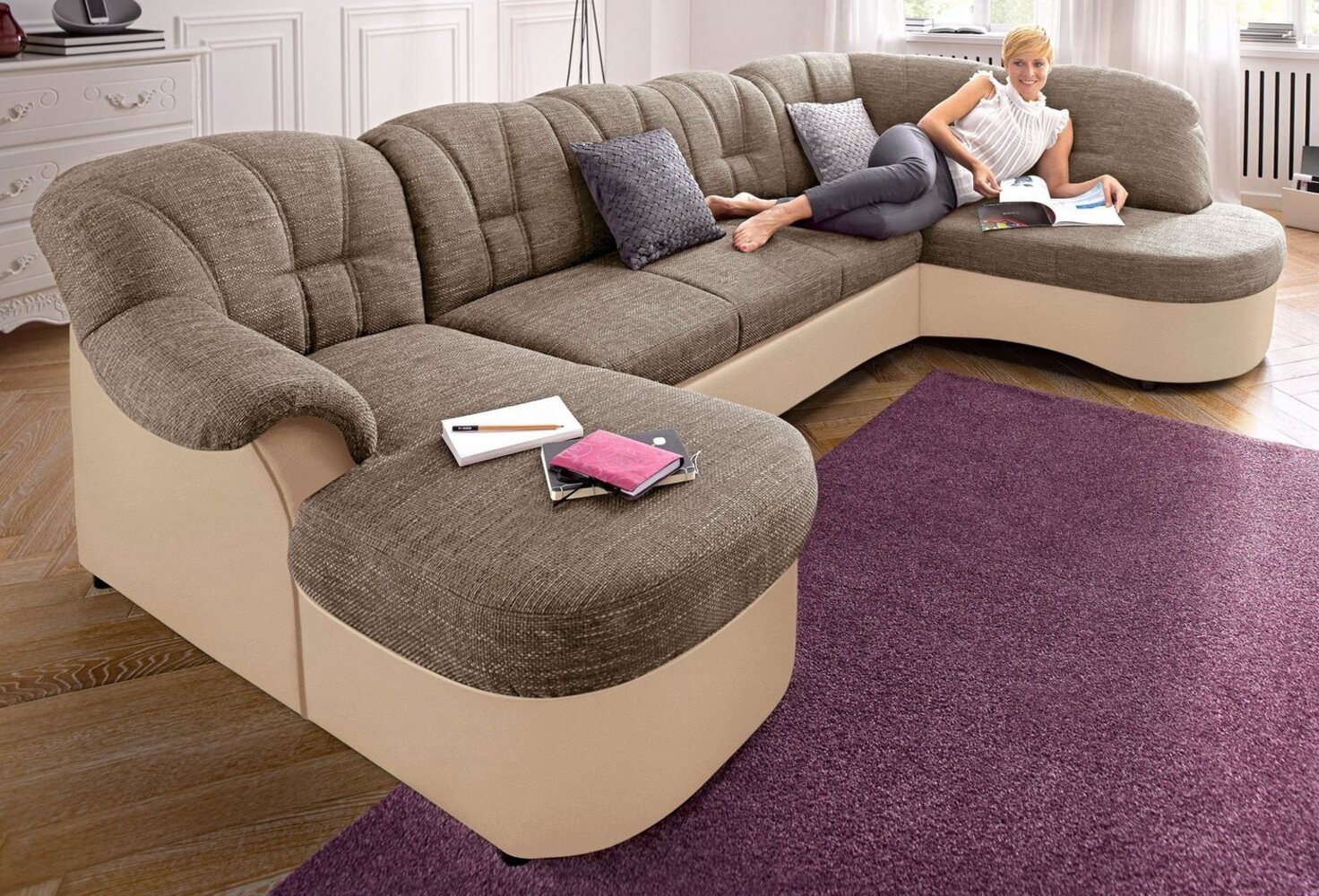 DOMO collection Wohnlandschaft Flores auch in Leder-Bezug, B/T/H: 293/180/86 cm, U-Form, 3 Teile, wahlweise mit Bettfunktion, wahlweise mit Federkern Bild 1