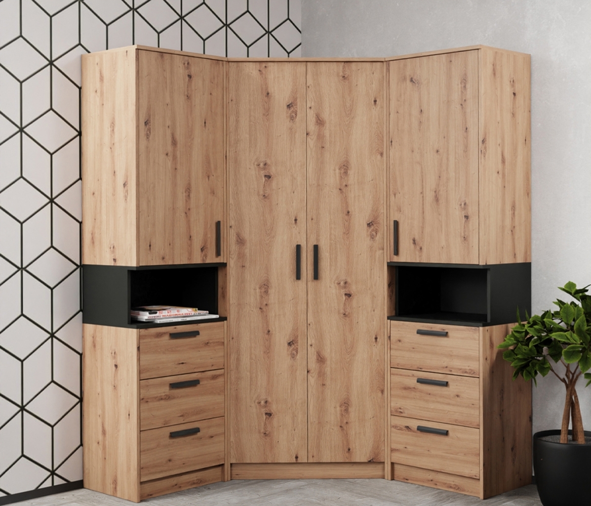 Marmex Möbel Grant 17A Ein Garderoben-Set, Mehrzweckschrank-Set ,Flur, Schlafzimmer, Eckschrank-Set, laminierte Spanplatte, artisan Eiche + schwarz, 143x195x143 cm Bild 1