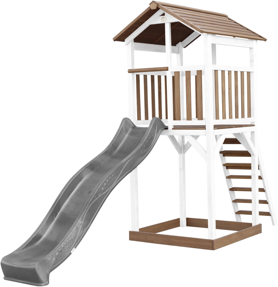 AXI Beach Tower Spielturm aus Holz in Braun & Weiß Spielhaus für Kinder mit grauer Rutsche und Sandkasten | Braun, weiß, grau | Holz | 349 cm Bild 1