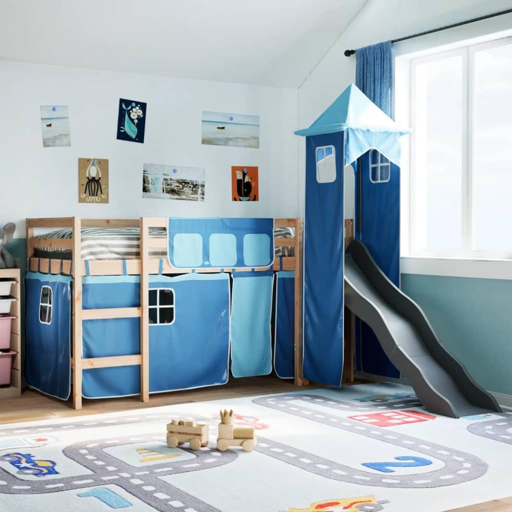 vidaXL Kinderhochbett mit Turm Blau 90x190 cm Massivholz Kiefer 3309138 Bild 1