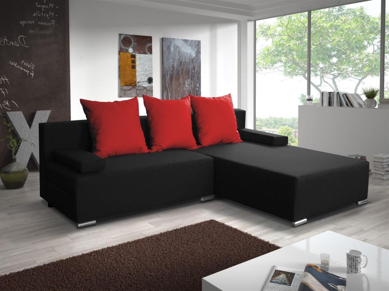 Ecksofa Sofa LUCY mit Schlaffunktion Schwarz / Rot Ottomane Rechts Bild 1