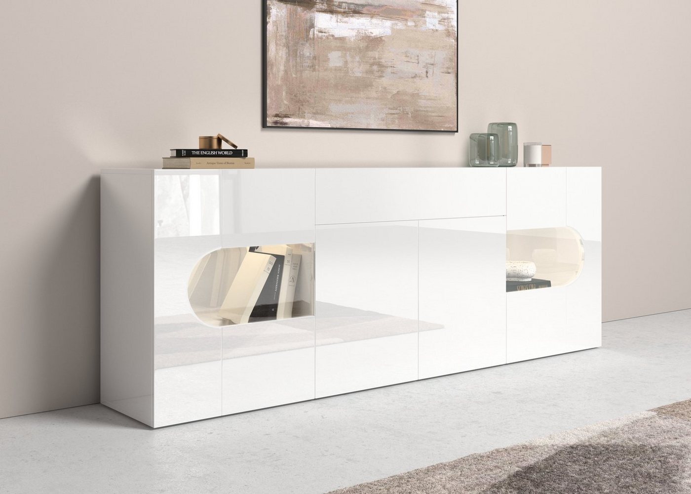 INOSIGN Sideboard Real,Vitrine,Kommode,Schrank,komplett hochglanz lackiert, mit 4 Türen davon 2 Glastüren und 1 Schublade ohne Griff Breite 220cm Bild 1