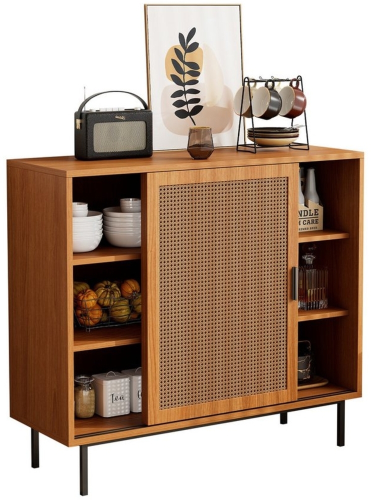 Refined Living Sideboard Küchenschrank, Kommode Aufbewahrungsschrank mit 2 Schiebetüren (Maße: B100/H90/T37 cm, Landhausstil Beistellschrank, Wohnzimmermöbel mit Rattan-Türen, mit Verstellbare Ablage, Menschliches Design, Stabile Konstruktion), Ausreic... Bild 1