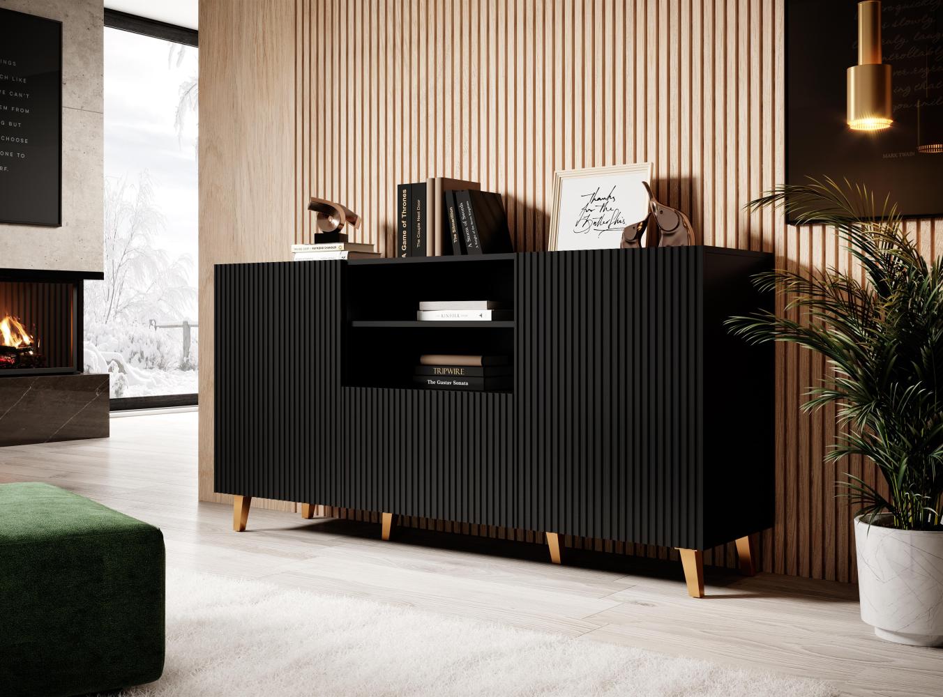 Domando Sideboard Carducci M1 Modern Breite 150cm, edel gefräste Fronten in Schwarz Matt Bild 1