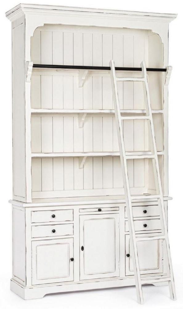 Casa Padrino Landhausstil Schrank mit Leiter Antik Weiß 143,5 x 40,6 x H. 233,7 cm - Bücherschrank - Regalschrank - Wohnzimmerschrank - Büroschrank - Landhausstil Möbel Bild 1