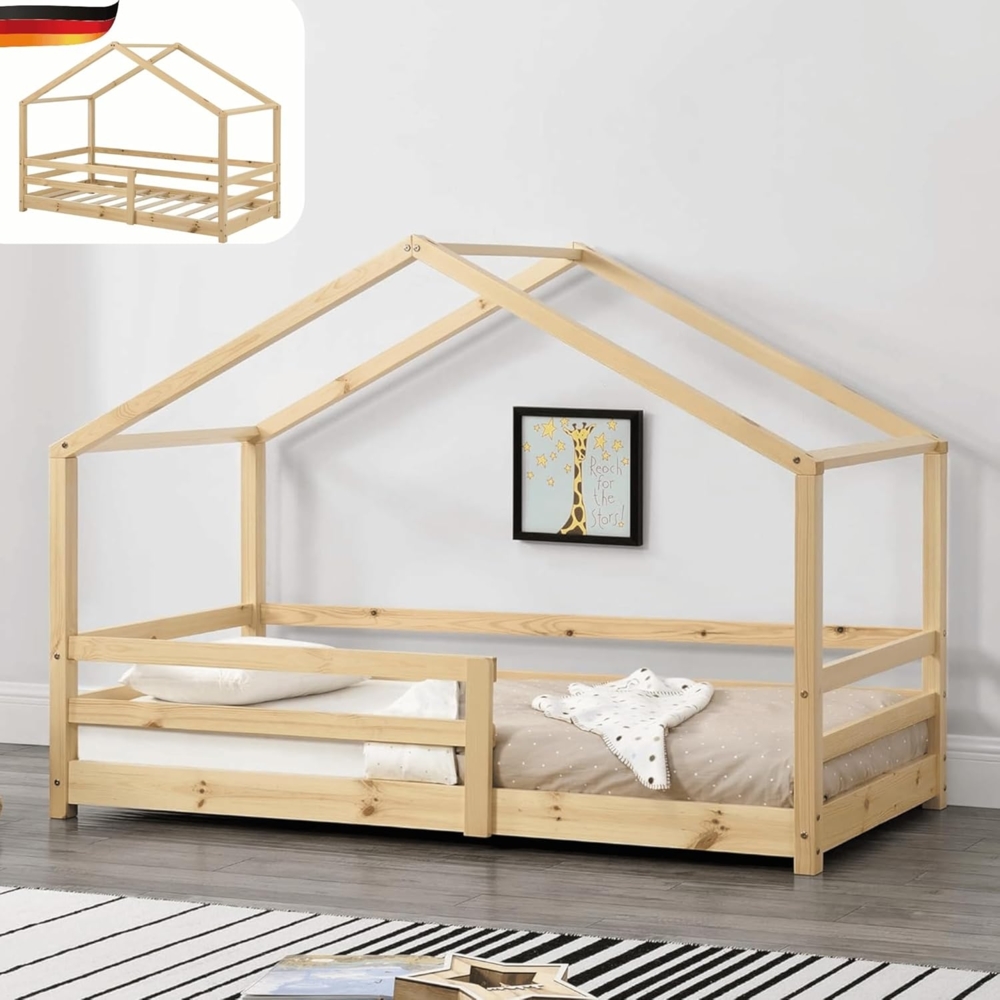 DELUKE® Kinderbett 90x200 cm TRUDA - mit Lattenrost und Fallschutz Kiefernholz Haus-Design Einzelbett Hausbett Kinderzimmer Bodenbett Montessori Bett Braun Bild 1