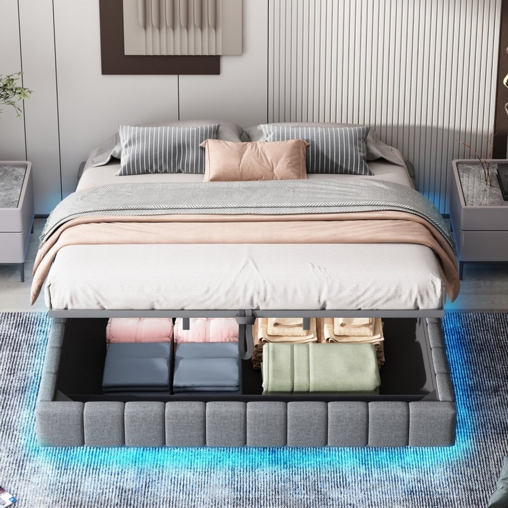 Ulife Polsterbett Doppelbett, Hydraulischer Schwebebettrahmen mit Stauraum (Ohne Matratze), ohne Kopfteil mit LED-Licht, 180x200 cm Bild 1