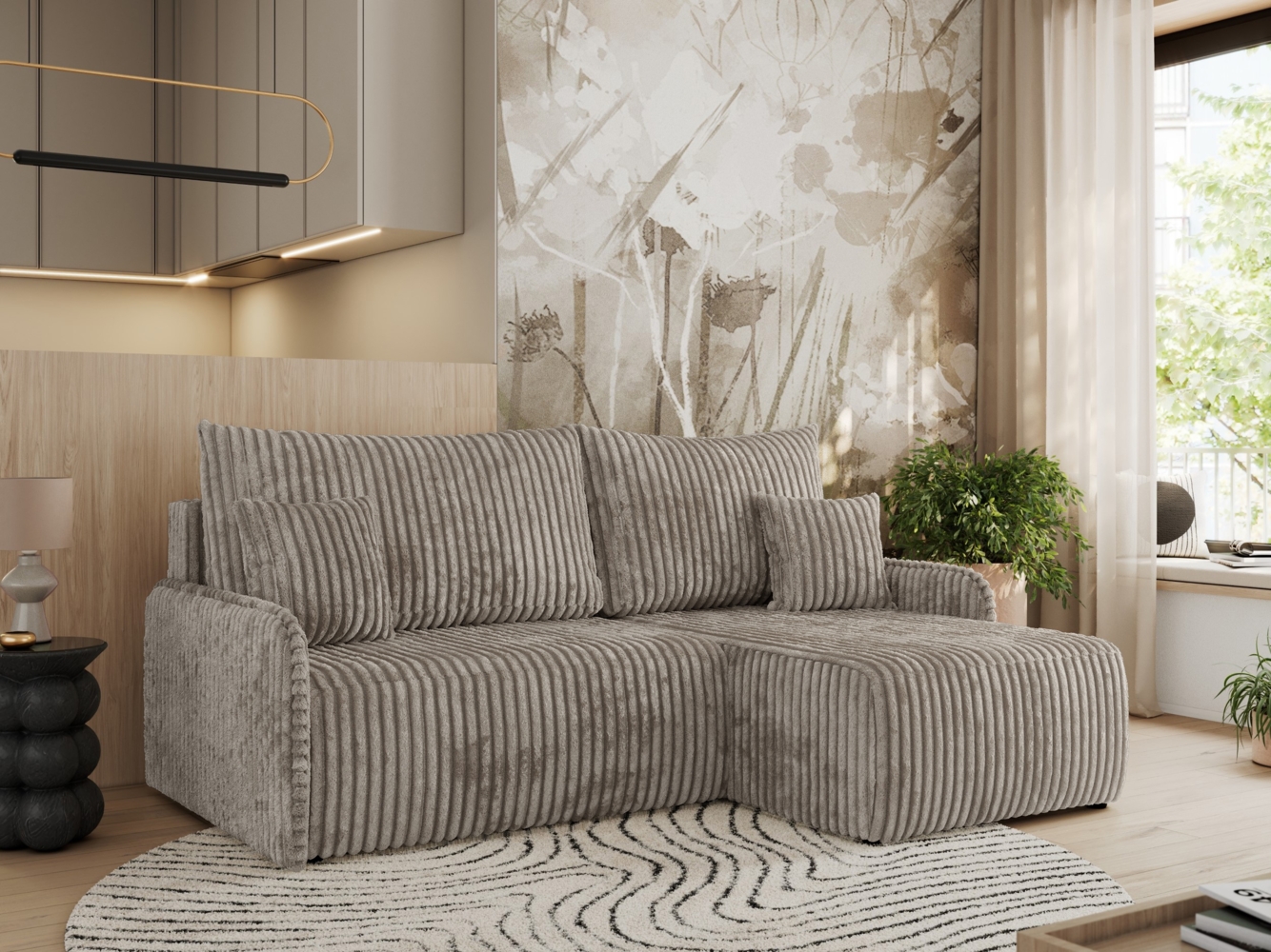 Ecksofa für das Wohnzimmer, mit losen Kissen, Schlaffunktion und Bettkästen, L-förmiges Ecksofa mit Armlehnen, Wellenfeder - ARPA - Hellbraun Cord - rechte Seite Bild 1