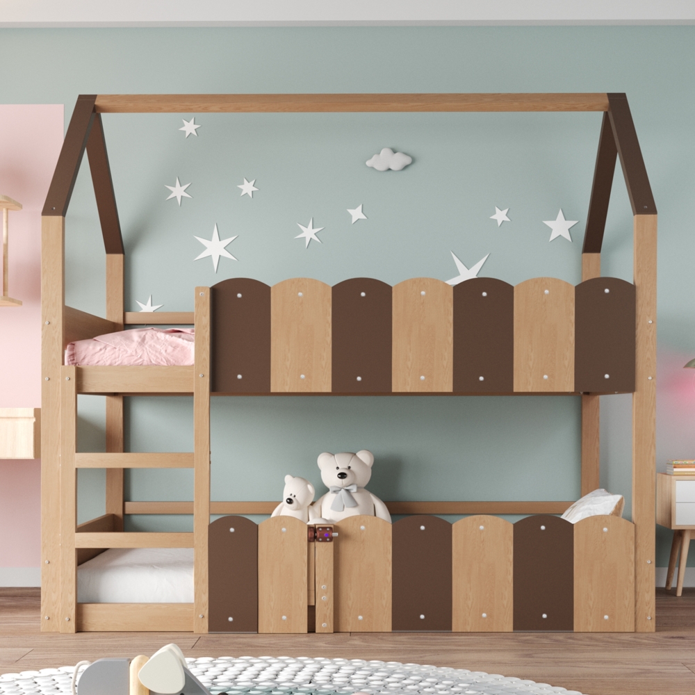 Merax Etagenbett 90*200 cm, Kinderbett Jugendbett Hausförmiges Design mit erhöhten Sicherheitsgeländern. Das Obere Bett verfügt über Einen Lattenrost. Holzfarbe Bild 1